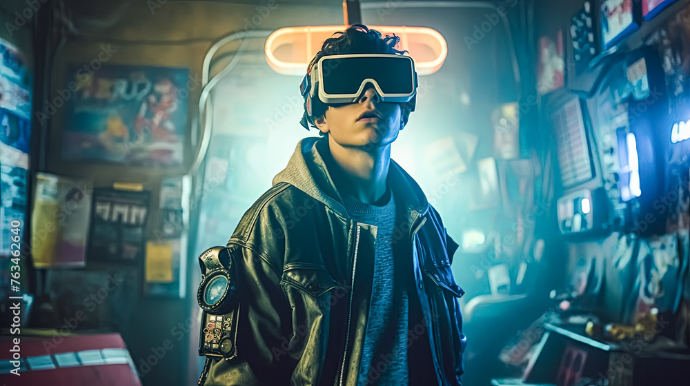 A man in a black jacket and goggles stands in front of a neon sign. The scene is set in a futuristic environment, with posters and other decorations on the walls. The man is a video game character A man in a black jacket and goggles stands in front of a neon sign. The scene is set in a futuristic environment, with posters and other decorations on the walls. The man is a video game character