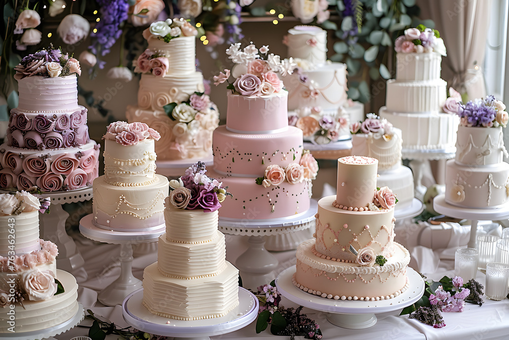 A table adorned with numerous wedding cakes featuring elaborate flower decorations in shades of pink and orange petals, perfect for a birthday party or wedding celebration A table adorned with numerous wedding cakes featuring elaborate flower decorations in shades of pink and orange petals, perfect for a birthday party or wedding celebration