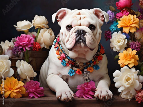 White Bulldog with Colorful Flowers