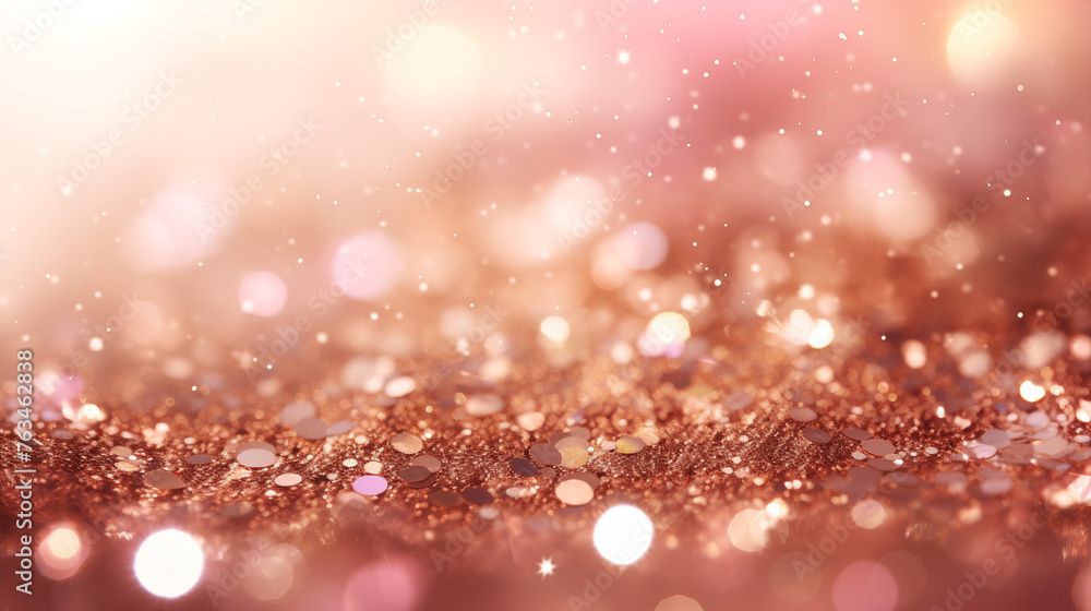 A high-definition background of bright rose gold glitter, with a soft bokeh effect for depth