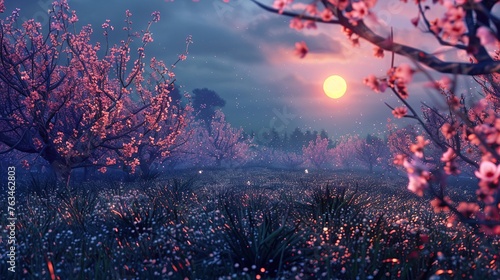Moonlit peach orchard, spring, gentle rain, midnight whispers of blooming secrets, ethereal glow photo