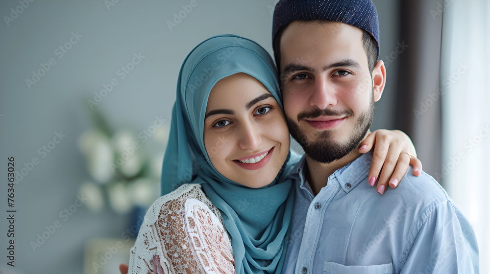 A Picture of the young wealthy middle eastern Middle eastern shopping couple wearing traditional clothing carrying shopping bags, Dubai, United Arab Emirates, Generative Ai