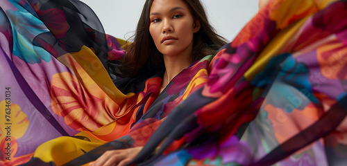 Abstract patterns of color envelop the model in a close-up view, showcasing the artistic flair of her flowing dress