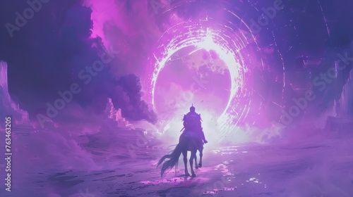 Futuristic knight on a unicorn White enters a broken portal to another world. Digital art style 