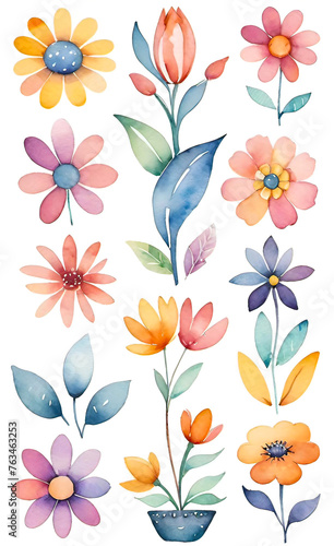 Watercolor illustration of a set of flowers for decoration  squares with flowers  seamless pattern for fabric print  wallpaper  line art  doodle  cartoon pattern  smartphone backgrounds 