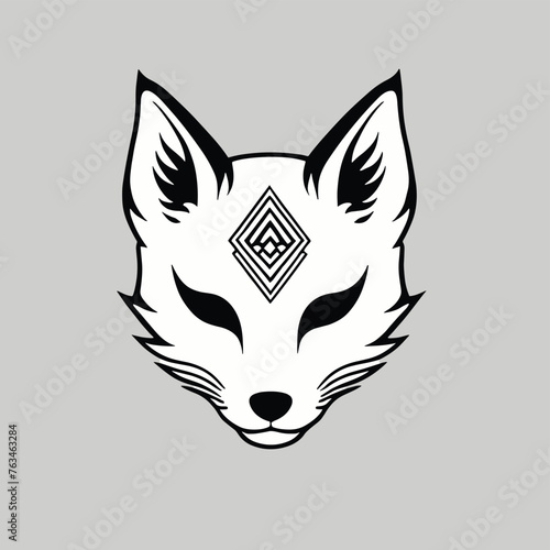 Stylized fox head illustration with geometric forehead design on a gray background.