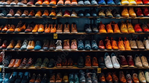 Shoes arranged meticulously on store shelves create a stylish backdrop, beckoning shoppers to explore the latest footwear trends