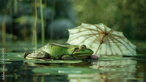 Frog sleeping in the lake. Frog with umbrella.  photo