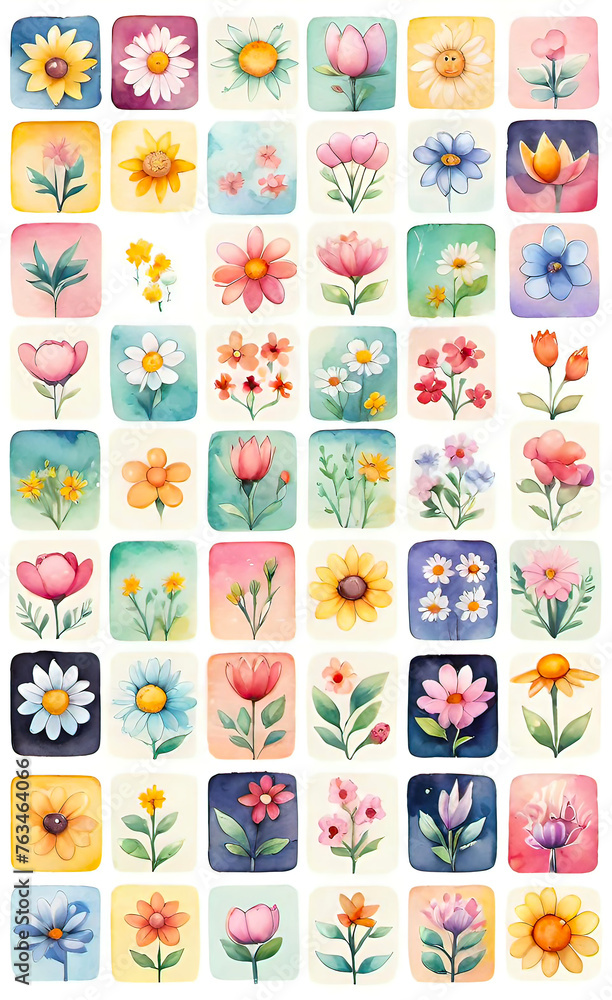 Watercolor illustration of a set of flowers for decoration, squares with flowers, seamless pattern for fabric print, wallpaper, line art, doodle, cartoon pattern, smartphone backgrounds,