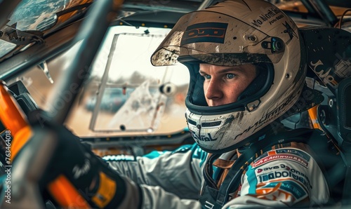 A focused racing driver in a full protective helmet and suit seated inside the cockpit of a high-performance race car, ready for competition.