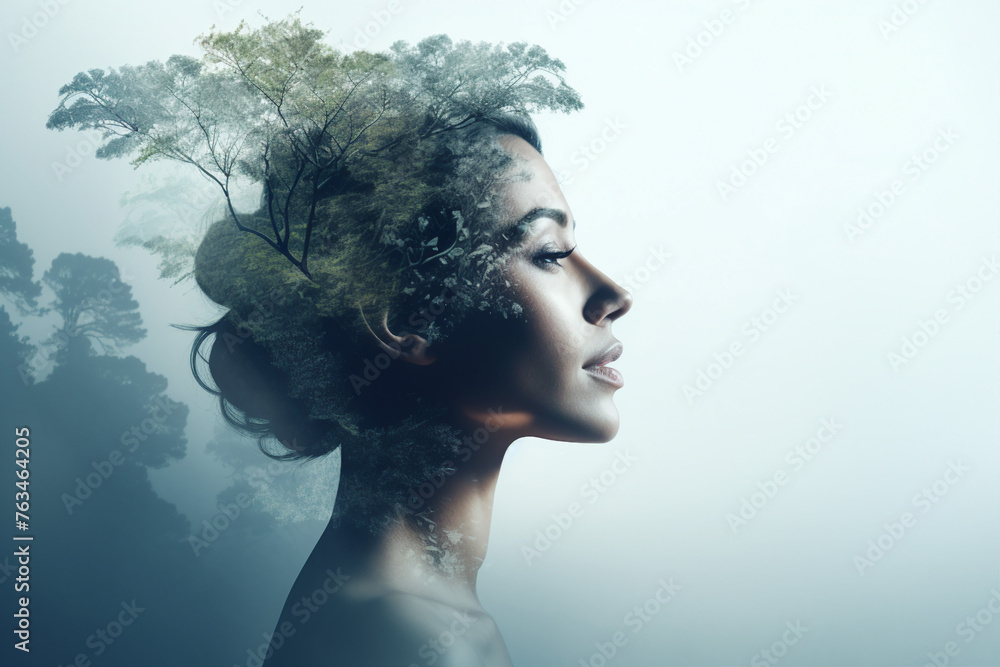Double exposure of nature landscape mountain forest and woman face made with generative AI Double exposure of nature landscape mountain forest and woman face made with generative AI
