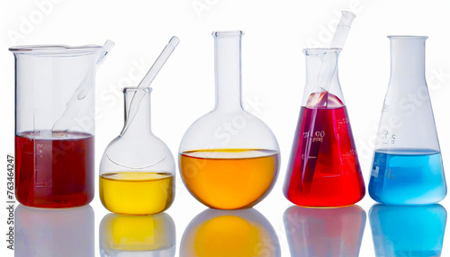 Laboratory glassware with colored liquids over white background - With Clipping Path