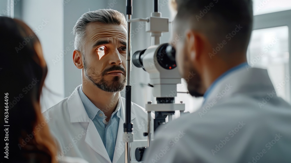 Eye doctor with male patient During future clinic examinations Eye doctor with male patient During future clinic examinations