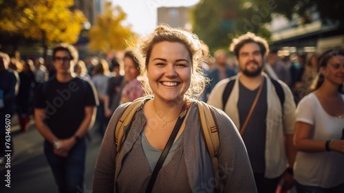 Plus-Size Model Man walking in the busy crowded street carrying a backpack © tinyt.studio