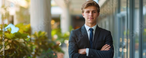 Confident young businessman smiling in urban setting photo