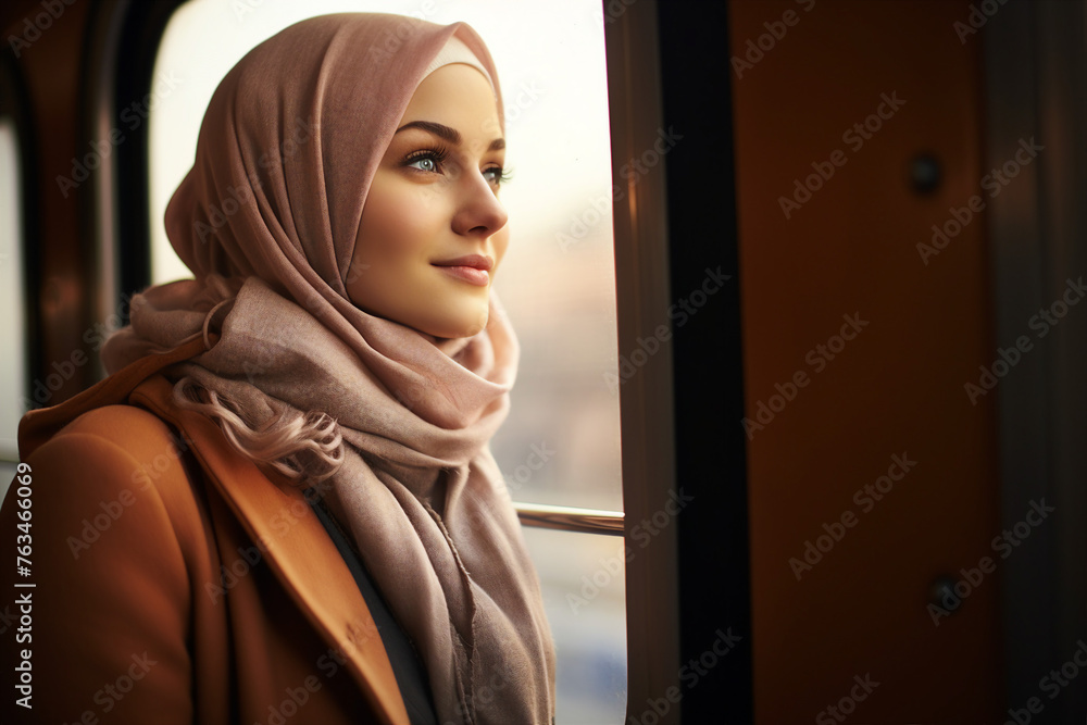 Generative ai collage digital image of islamic woman travel on vehicle Generative ai collage digital image of islamic woman travel on vehicle