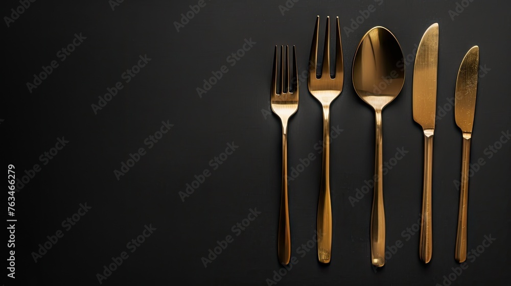 A lavish frame of golden fork, knife, and spoon against a sleek black background, exuding sophistication in dining A lavish frame of golden fork, knife, and spoon against a sleek black background, exuding sophistication in dining