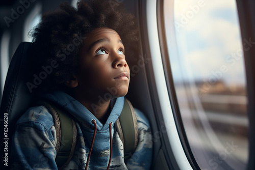 Created with generative Ai photo of adorable happy cute child boy looking airplane window © deagreez