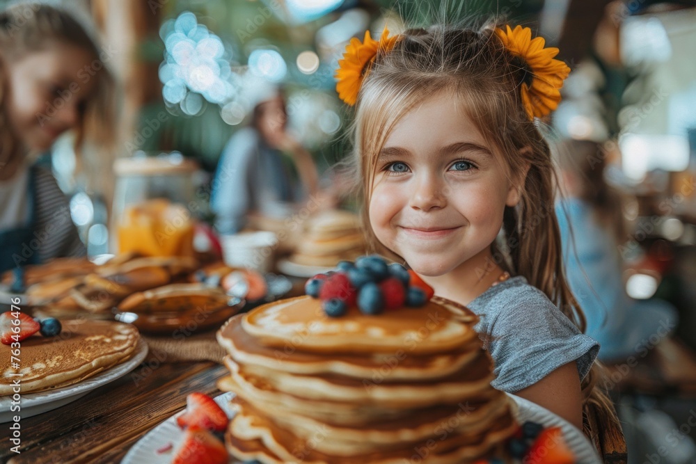 Young girl sitting with a stack of pancakes in front of her Young girl sitting with a stack of pancakes in front of her