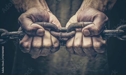 Two heavily worked hands gripping onto a chain, symbolizing strength, struggle, and resilience against a rustic backdrop.