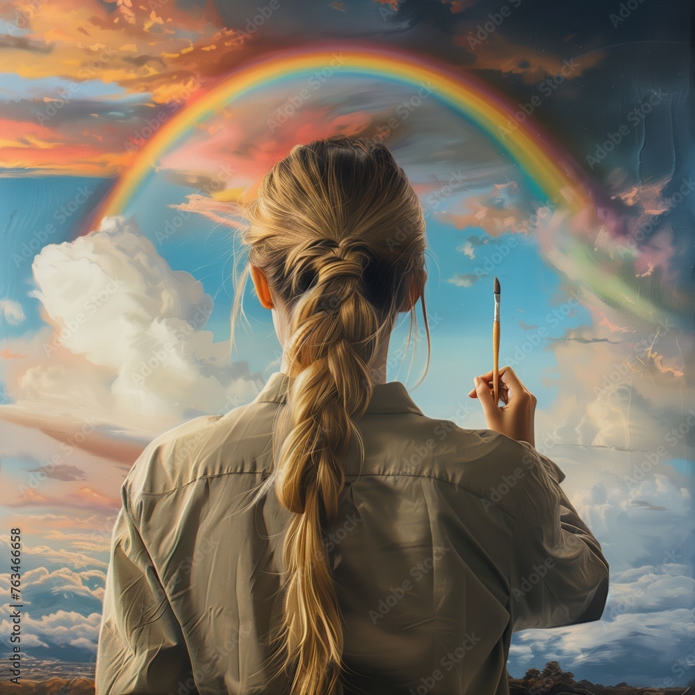 Mulher a pintar o arco íris no céu - obrazy, fototapety, plakaty 