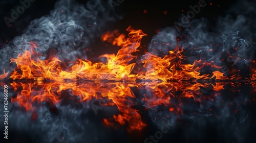 The texture of fire on a black background is reflected, in an empty dark scene.