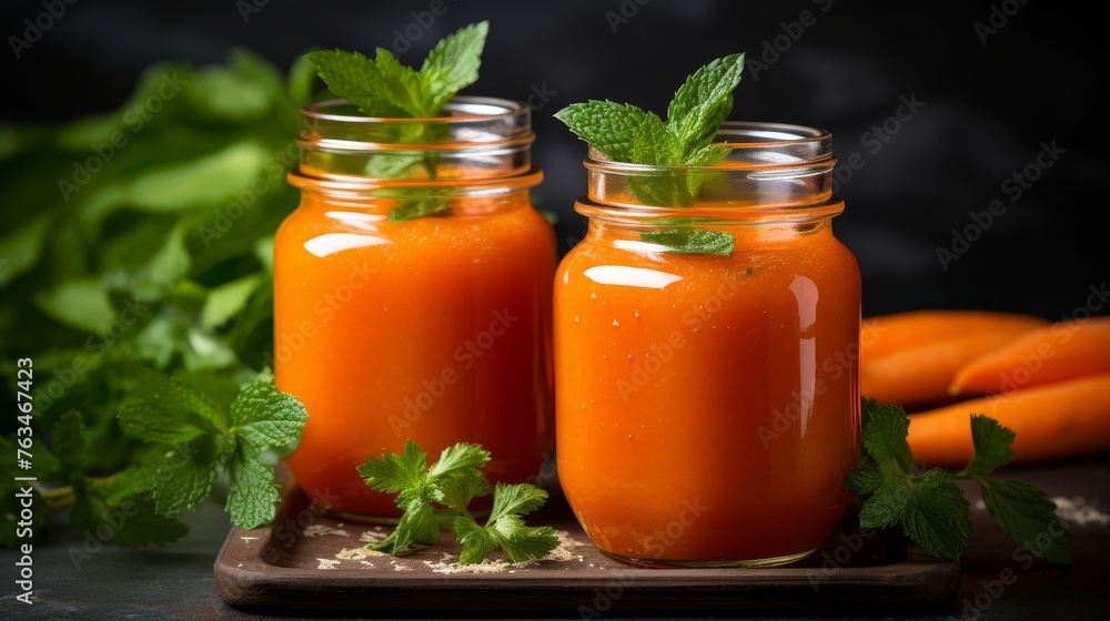 Vibrant orange carrot detox juice in glass jars on rustic wood table with fresh ingredients Vibrant orange carrot detox juice in glass jars on rustic wood table with fresh ingredients