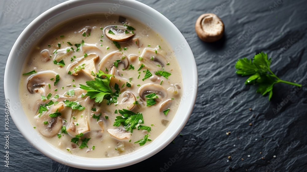 Top-Down Shot of Homemade Creamy Mushroom Soup in a White Bowl, Garnished with Parsley, on a Dark Slate Background Top-Down Shot of Homemade Creamy Mushroom Soup in a White Bowl, Garnished with Parsley, on a Dark Slate Background
