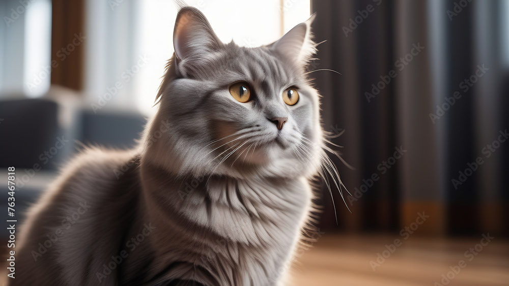 A domestic cat with yellow eyes, long gray hair, looks straight ahead. Beautiful gray pedigree cat lives in an apartment, space for copy advertising and text. Adult male with long gray hair A domestic cat with yellow eyes, long gray hair, looks straight ahead. Beautiful gray pedigree cat lives in an apartment, space for copy advertising and text. Adult male with long gray hair