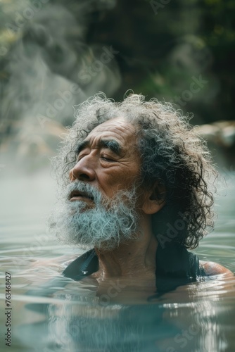 An old gray-haired Asian man bathes in a hot thermal spring. Rest. Winter snow. relax