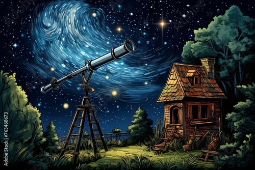 a telescope in a field with a house and stars in the sky photo
