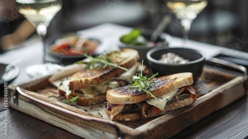 Traditional melted grilled cheese toasted sandwich served on wooden tray