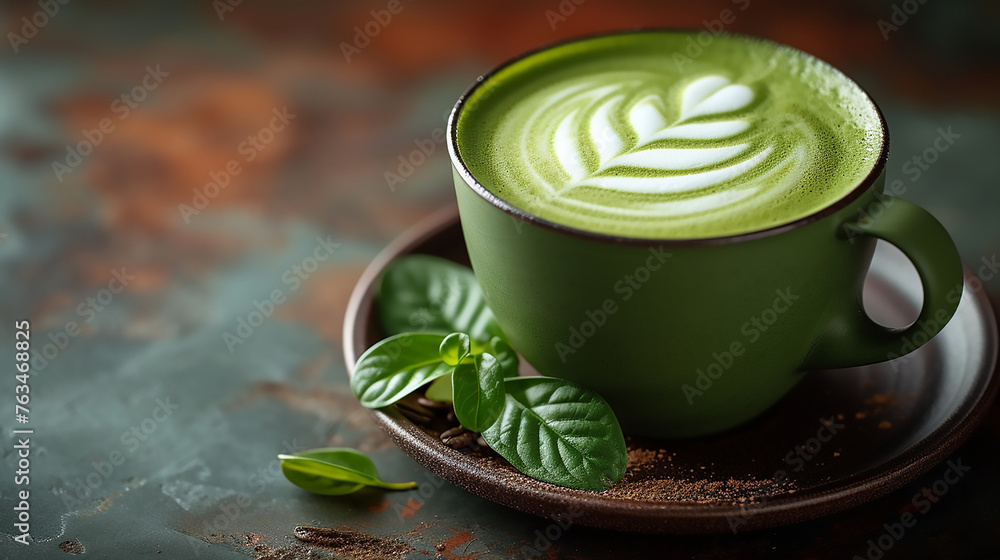 Cup of green Japanese matcha latte with latte art, warm drink Cup of green Japanese matcha latte with latte art, warm drink