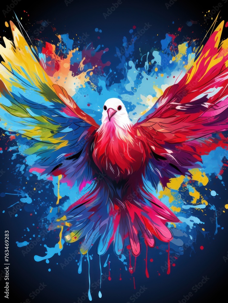 Fototapeta premium Vivid bird painted with vibrant colors against a dark backdrop