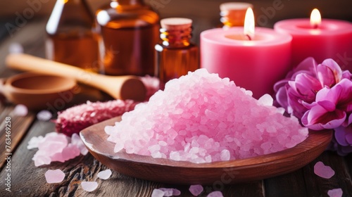 Relaxing spa experience rose crystal sea salt therapy in serene ambiance with candlelit zen decor