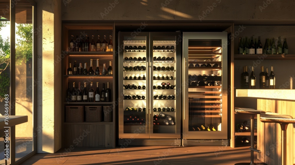 A wine cooler helps you keep your wine at the right temperature. First person view realistic daylight view