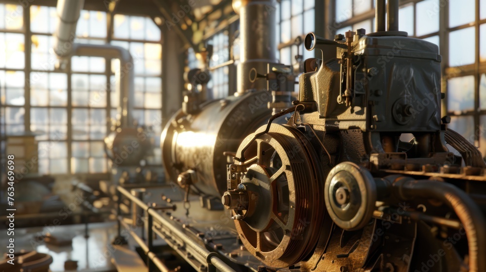 A steam engine is a machine that uses heat from steam to drive pistons. The piston converts heat energy into mechanical energy. First person view realistic daylight view 