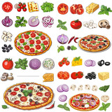 Vibrant Pizza and Ingredients Illustration
Colorful illustration of pizza and ingredients including tomatoes, basil, and olives.