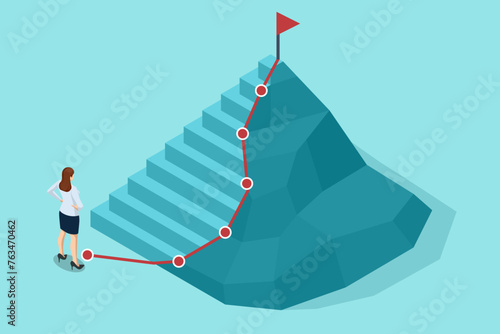 Isometric Career Growth. Business Arrow Target Direction. Success. Business Woman. Business Vision and Target. Way to Success Cover, Persentation, Social Media Poster. Investment ROI