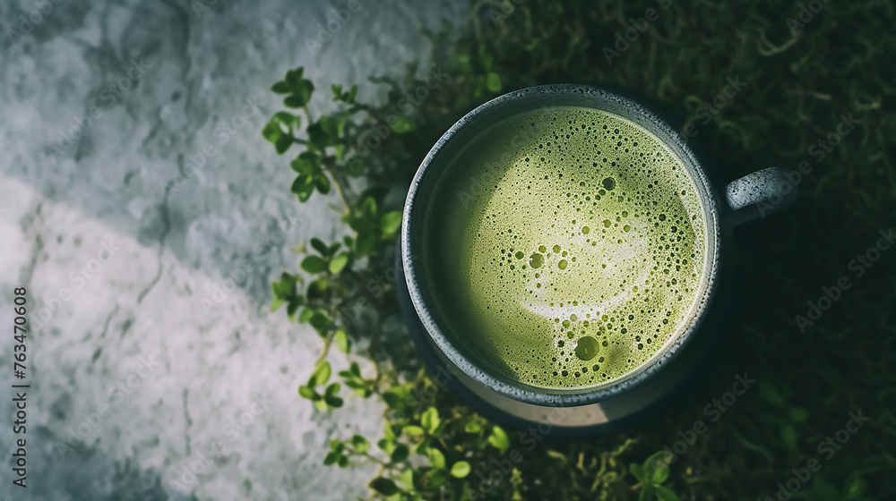 Cup of green Japanese matcha latte with latte art, warm drink Cup of green Japanese matcha latte with latte art, warm drink