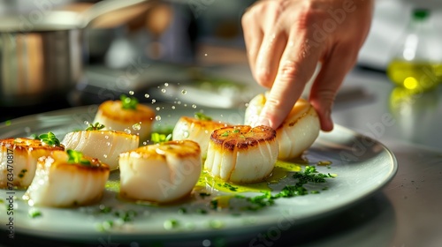 With Copy Space for Text on the Right Side, a Professional Cook Delicately Arranging a Gourmet Dish of Seared Scallops on a Plate, in a Bright, Modern Kitchen Setting.