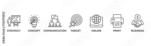 Marketing banner web icon vector illustration concept with icon of strategy, concept, communication, target group, online, print and business