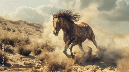 A horse with a long mane runs. In the desert dust First person view realistic daylight view 