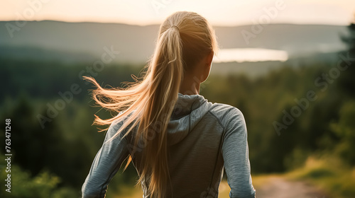 A woman with long blonde hair is running in a forest. Concept of freedom and adventure, as the woman is enjoying the outdoors and the beauty of nature
