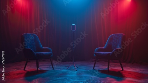 Two chairs and microphones in podcast or interview room isolated on dark background