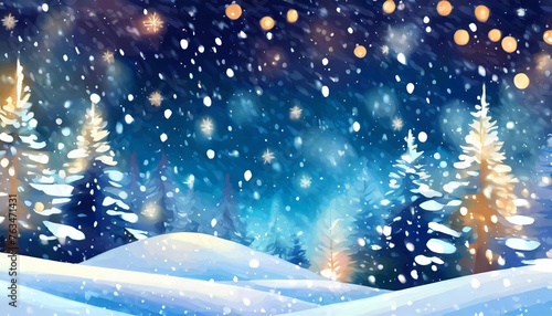 beautiful snowy winter background landscape with forest snowfall snowdrift at night festive holiday illustration © Richard