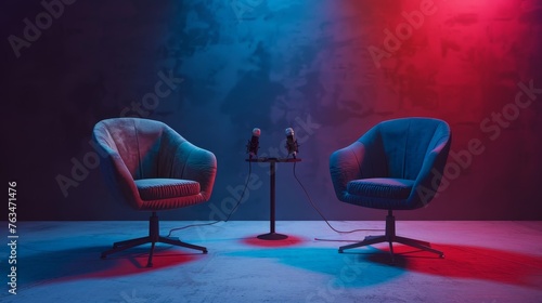 Two chairs and microphones in podcast or interview room isolated on dark background photo