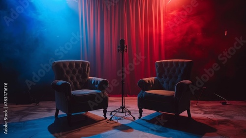 Two chairs and microphones in podcast or interview room isolated on dark background