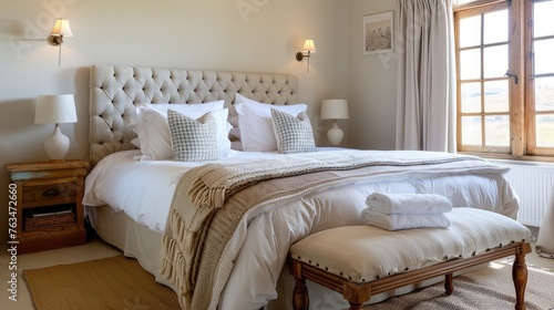 A spacious and inviting bed adorned with fresh, clean linen, creating a cozy haven for rest and relaxation in a tranquil room
