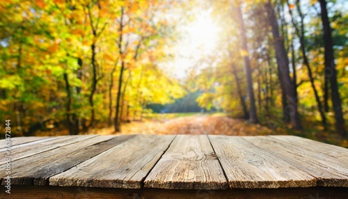 wooden desk on autumn blur abstract natural background